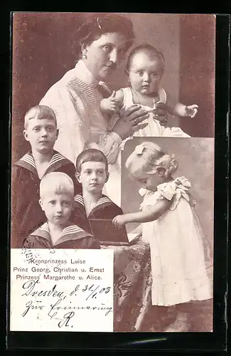 AK ehem. Kronprinzessin Luise von Sachsen mit ihren Kindern