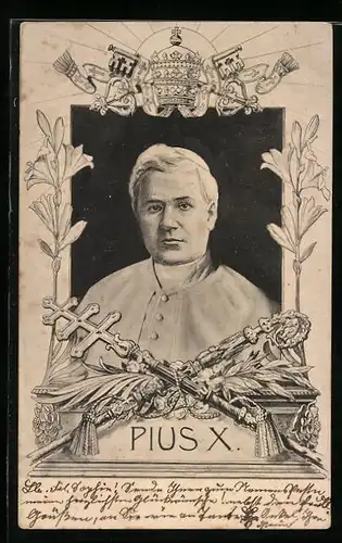 AK Papst Pius X. mit Krone und Stab