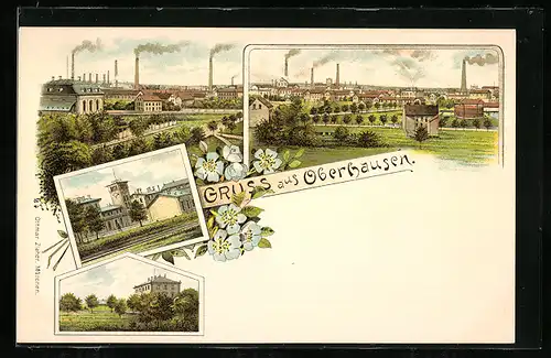 Lithographie Oberhausen, Teilansicht, Gebäudeansicht, Ortspartie