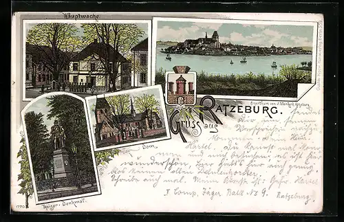 Lithographie Ratzeburg, Gesamtansicht, Wappen, Hauptwache, Dom