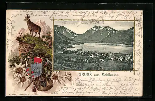 Passepartout-Lithographie Schliersee, Teilansicht mit Bergen, Gams auf einem Felsen, Wappen