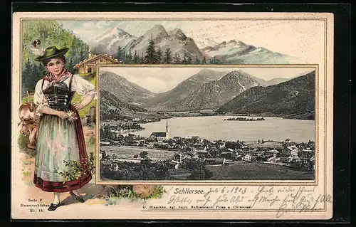 Passepartout-Lithographie Schliersee, Ortsansicht mit See, Bauernmädchen mit Kühen