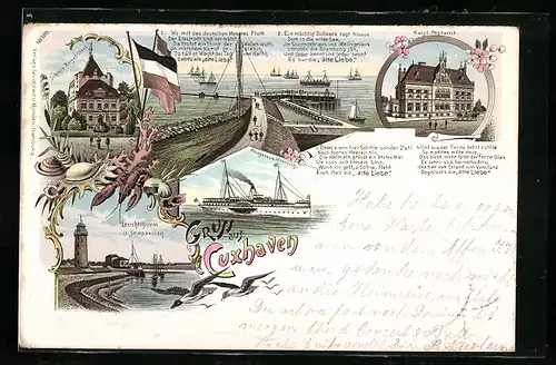 Lithographie Cuxhaven, Kaiserl. Postamt, Leuchtthurm und Seepavillon, Dampfer Prinzessin Heinrich, Schloss Ritzebüttel