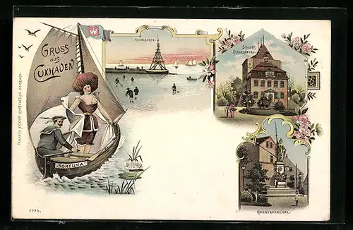 Lithographie Cuxhaven, Schloss Ritzebüttel, Kriegerdenkmal, Kugelbaake