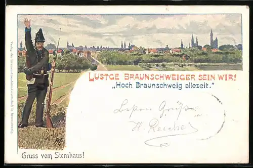 Lithographie Braunschweig, Gasthof Sternhaus, Teilansicht und winkender Soldat