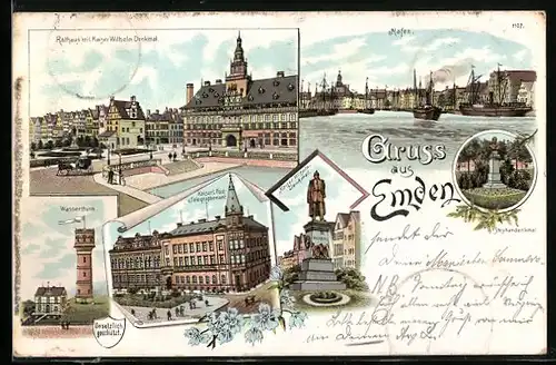 Lithographie Emden, Wasserthurm, Hafen, Kaiser-Wilhelm-Denkmal