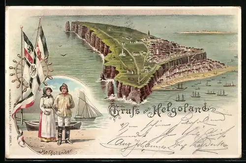 Lithographie Helgoland, Insel Helgoland mit Schiffen und Helgoländern