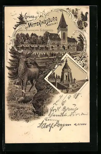 Lithographie Porta Westfalica, Wittekindsburg, Kaiser-Wilhelm-Denkmal