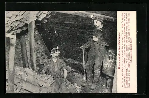 AK Mansfeld, Gruss aus dem Mansfeld`schen, Bergarbeiter unter Tage, Bergbau