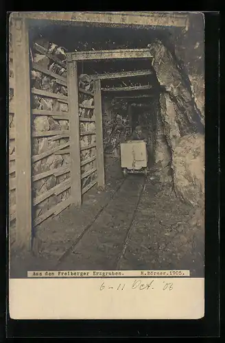 Foto-AK Freiberg /Sa., Erzgruben 1906, Streckenausbau am Kreuz des Neue Hoffnung Flachen, Bergbau