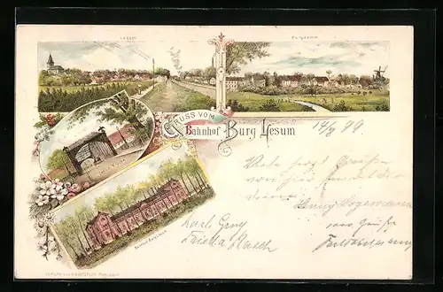 Lithographie Lesum, Bahnhof Burg Lesum, Burgdamm, Lesum Brücke