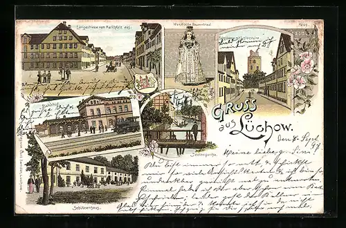 Lithographie Lüchow, Gasthaus Schützenhaus, Burgstrasse mit Schlossruine, Bahnhof