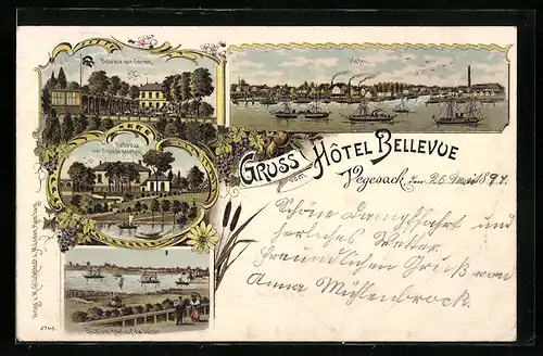 Lithographie Vegesack, Hotel Belleveu mit Garten u. vom Strande gesehen, Blick auf die Weser