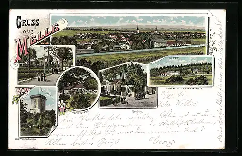 Lithographie Melle, Dietrichsburg, Waldmeister, Weberhaus, Berglust, Kleft, Totalansicht