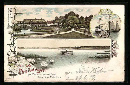Lithographie Dreibergen, Gasthof Dreibergen, Dampfer an der Anlegebrücke am Zwischenahner See