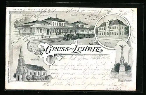 AK Lehrte, Bahnhof, Luther-Kirche, Schule, Eisenbahn
