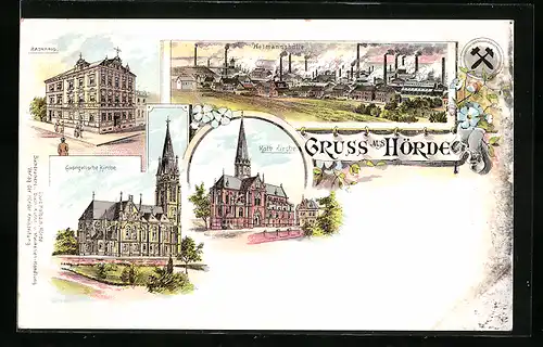 Lithographie Hörde, Hermannshütte, Katholische Kirche, Rathaus