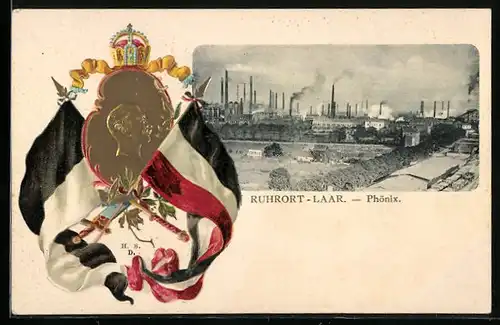 Passepartout-Lithographie Ruhrort - Laar, Hüttenwerke Phönix, geprägter Kopf Friedrich Wilhelm II.