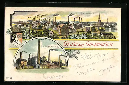 Lithographie Oberhausen, Gute Hoffnungshütte, Panoramablick auf die Stadt