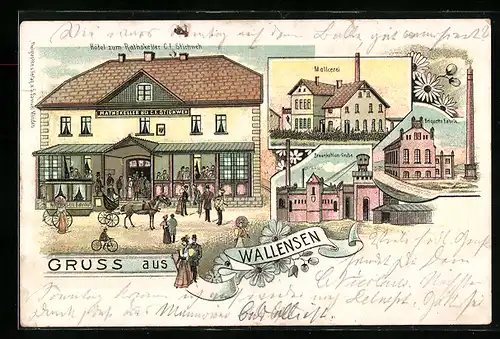 Lithographie Wallensen, Hotel zum Rathskeller, Braunkohlen-Grube und Molkerei