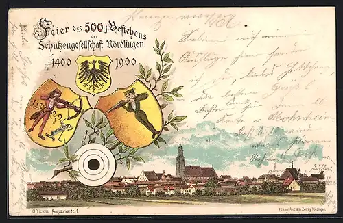 Lithographie Ganzsache Bayern PP15C25 /01: Nördlingen, 500 jähriges Bestehen der Schützengesellschaft 1900, Panorama