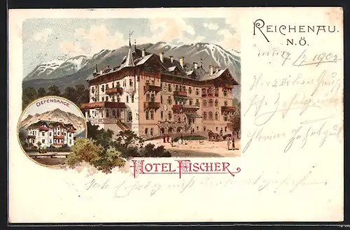 Passepartout-Lithographie Reichenau, Hotel Fischer mit Vorplatz und Bergkette