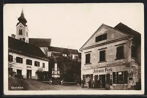 AK Grossklein, Ortspartie mit Kirche und der Handlung von Johann Ferk