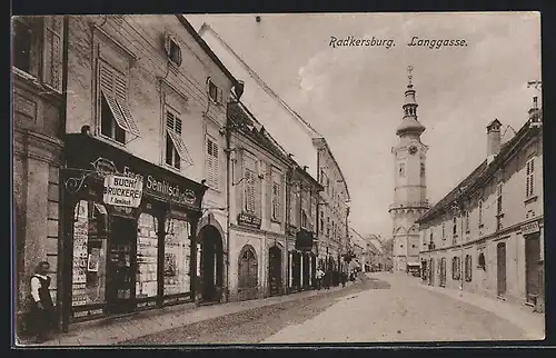 AK Radkersburg, Die Langgasse mit der Buch Druckerei von F. Semlitsch