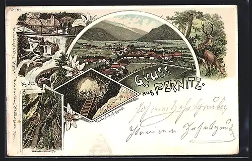 Lithographie Pernitz, Ortsansicht mit Türkenloch