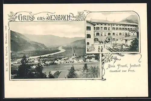 AK Jenbach, Gasthof zur Post v. Alois Prantl, Totalansicht mit Umgebung