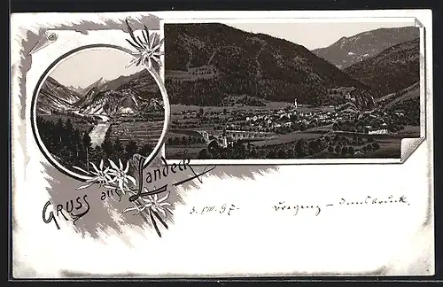 Lithographie Landeck, Gebirgsansicht mit Flusslauf, Panoramaansicht des Ortes