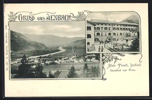 AK Jenbach, Gasthof zur Post v. Alois Prantl, Totalansicht mit Umgebung