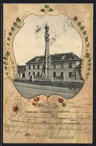 AK Göllersdorf, Mariensäule, Passepartout mit Spinne im Netz