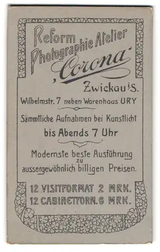 Fotografie Atelier Corona, Zwickau i. S., Wilhelmstr. 7, Anschrift und Angebote des Fotografen in verschiedener Schrifte
