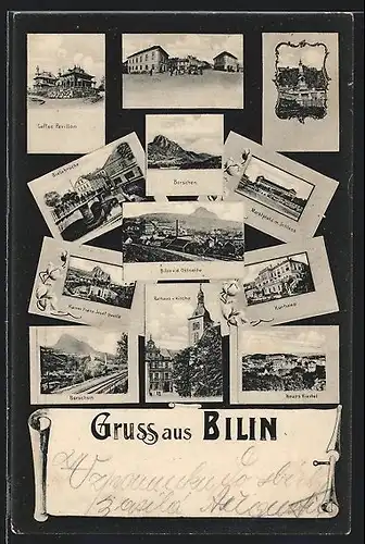 AK Bilin, Kurhaus, Cafe Pavillon, Borschen