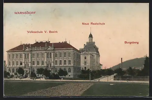 AK Warnsdorf / Varnsdorf, Volksschule, Neue Realschule, Burgsberg