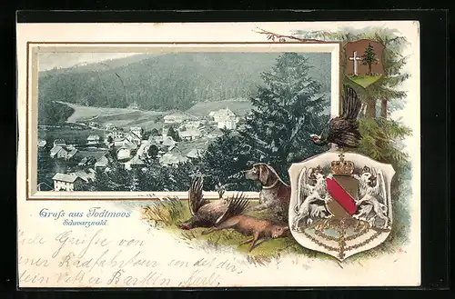 Passepartout-Lithographie Todtmoos /Schwarzwald, Teilansicht, Wappen