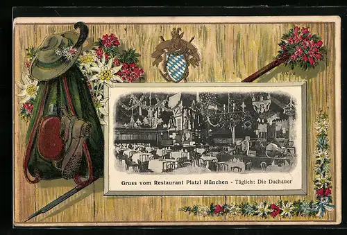 Passepartout-Lithographie München, Innenansicht vom Restaurant Platzl, Wanderrucksack und Bergschuhe