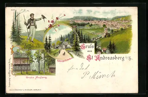 Lithographie St. Andreasberg i. H., Restaurant Rehberger Grabenhaus, Grube Neufang, Teilansicht