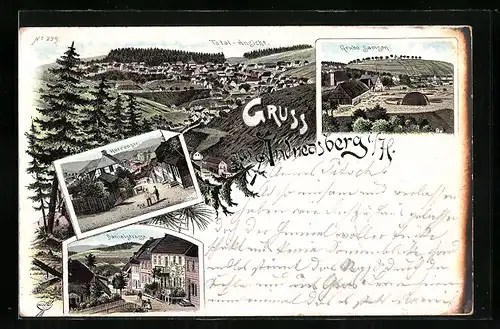 Lithographie Andreasberg / Harz, Grube Samson, Herrenstr., Danielstrasse, Totalansicht