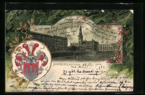 Passepartout-Lithographie Hamburg, Rathaus, Wappen - Neujahrsgruss