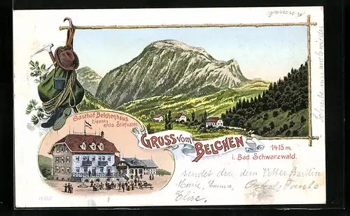 Lithographie Belchen i. Bad. Schwarzwald, Gasthof Belchenhaus, Ortsansicht