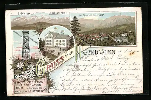Lithographie Hochblauen, Hotel-Pension Hochblauen, Aussichtsturm, Der Blauen mit Badenweiler