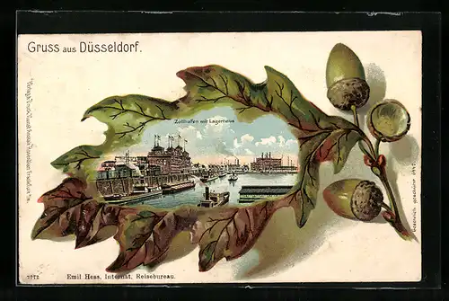 Passepartout-Lithographie Düsseldorf, Zollhafen mit Lagerhaus auf einem Eichenblatt