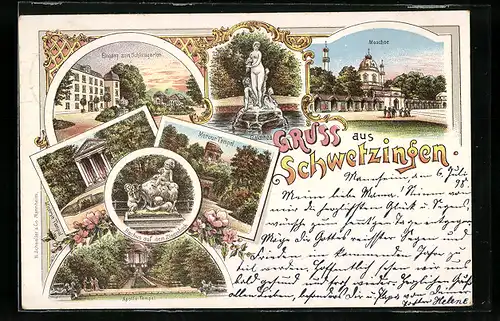 Lithographie Schwetzingen, Moschée, Mercur-Tempel, Apollo-Tempel