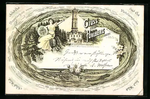 Lithographie Annaberg, Aussichtsturm auf dem Pöhlberg, Dame mit Wappen, Landkarte Umgebung aus allen Himmelsrichtungen