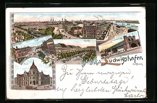 Lithographie Ludwigshafen a / Rhein, Bahnhof, Markt, Post