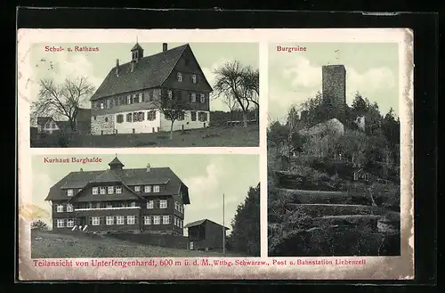 AK Unterlengenhardt, Kurhaus Burghalde, Schul- und Rathaus, Burgruine