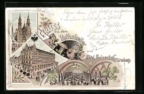 Lithographie Nürnberg, Hôtel Kaiserhof und Ratskeller, Innenansicht, St. Lorenz Kirche