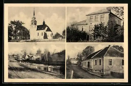 AK Sklené, Strassenpartie am Wasser, Kirche und Wohnhaus
